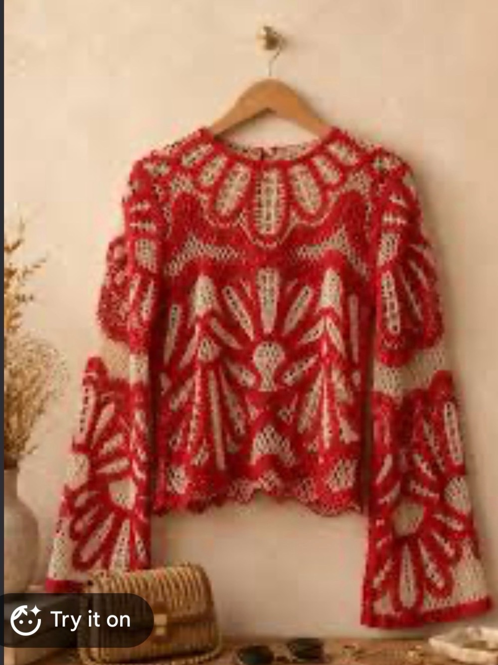 NWT Solitaire by Ravi Khosla Red & Cream Crochet Knit Blouse - Picture 2 of 6